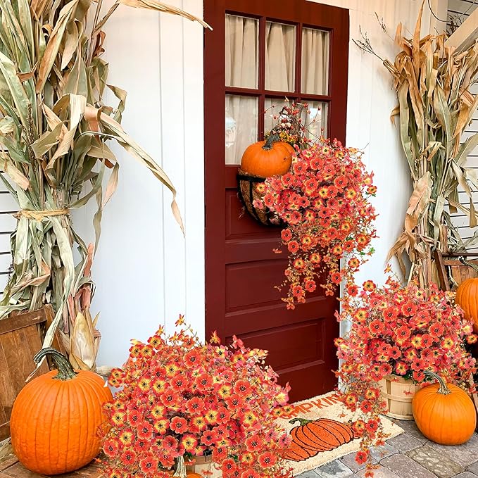 Outdoor Artificial Fall Flowers 6PCS, All Weather Fade Proof, UV Resistant Waterproof Realistic Faux Silk Mums Daisies Orange & Sunset Red for Hanging Planters Porch Patio Balcony Deck & Garden Decor