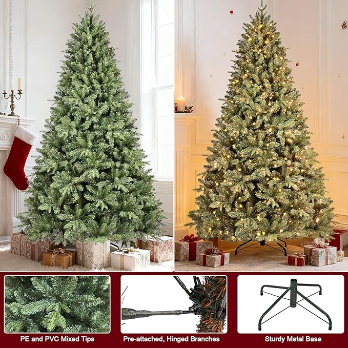 6.5 FT Pre-Lit Artificial Christmas Tree with 1706 PE&PVC Mixed Branch Tips, 450 Warm White Lights, Hinged Premium Spruce Fake Xmas Trees, Green, Foldable Base