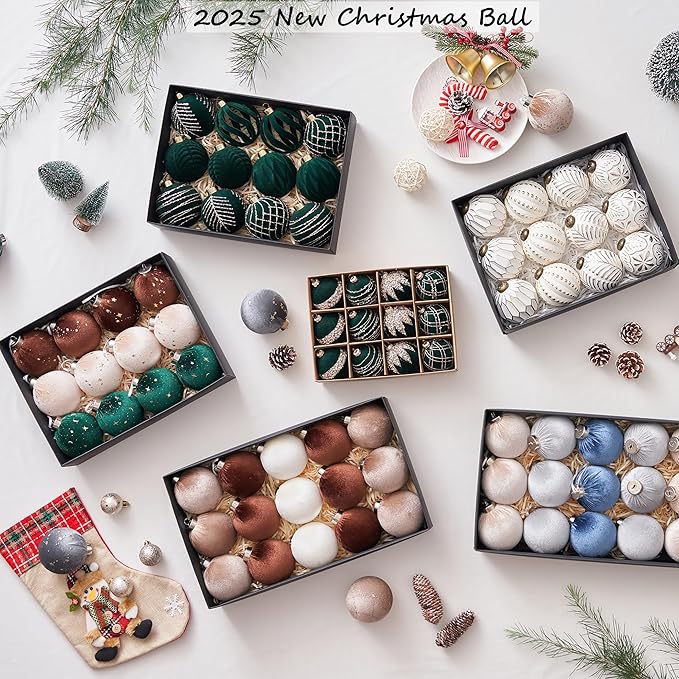 Christmas Ball Ornaments, 15 Pcs Green & Coffee Ornaments with Velvet, Multicolor Xmas Tree Decorations for Christmas Tree Holiday Decor