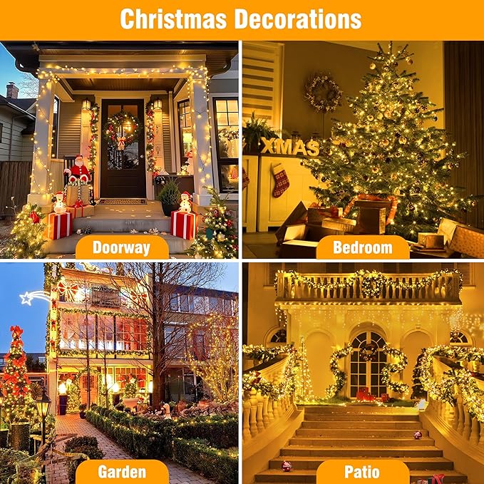 Christmas Lights 33FT 100 LED 8 Modes with Timer Connectable Decorative String Lights for Xmas Tree Patio Party Warm White