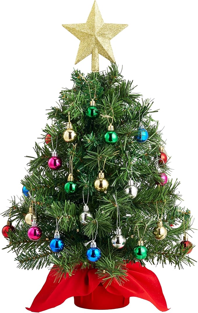 Joiedomi 24"/2FT Mini Christmas Tree Tabletop Set with Clear LED Lights, Artificial Mini Christmas Tree with Star Treetop and Hanging Ornaments, Best DIY Xmas Decorations