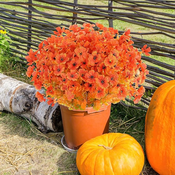 AmyHomie 16 Bundles Fall Orange Artificial Flowers for Outdoor Fall Decor UV Resistant Faux Flowers No Fade Fake Plastic Plants Garden Porch Window Box Decorating