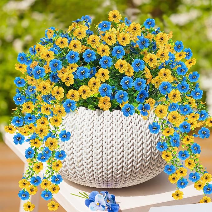 Artificial Flowers for Outdoors 6PCS，All Weather Fade Proof, UV Resistant Waterproof Realistic Faux Silk Mums Daisies Blue & Yellow for Hanging Planters Porch Patio Balcony Deck Fence Garden Decor