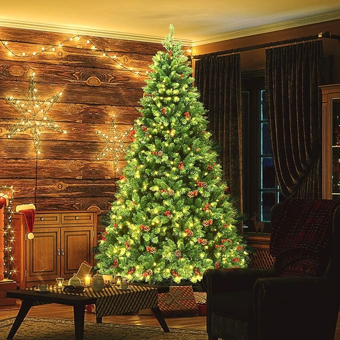 Happygrill 7.5 Feet Christmas Tree Hinged Artificial Christmas Tree with Sturdy Metal Stand Pine Cones and Red Berries, 1526 Branch Tips Xmas Tree for Home Office