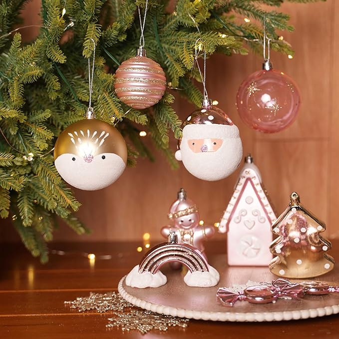 Alupssuc 65pcs Christmas Balls Ornaments Set, Shatterproof Plastic Baubles Gingerbread House, and Tree Topper for Xmas Tree Holiday Wedding Party Decorations with Hanging Strings, Gold & Pink