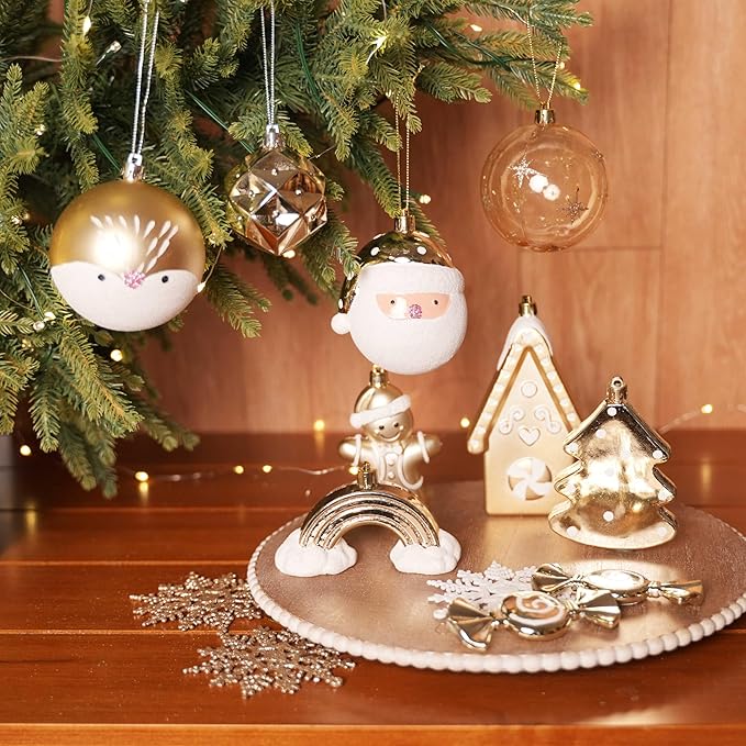 Alupssuc 65pcs Christmas Balls Ornaments Set, Shatterproof Plastic Baubles Gingerbread House, and Tree Topper for Xmas Tree Holiday Wedding Party Decorations with Hanging Strings, Gold & White