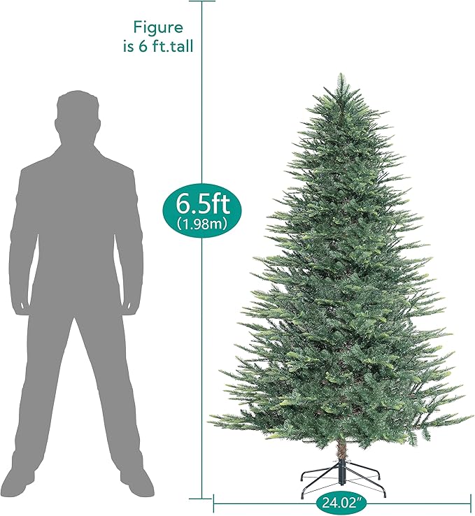 Naomi Home 6.5ft Nordic Christmas Tree with Lights, Realistic Charming Prelit with 921 Branch Tips, 500 Warm Lights and Metal Stand, Aritificial Tree