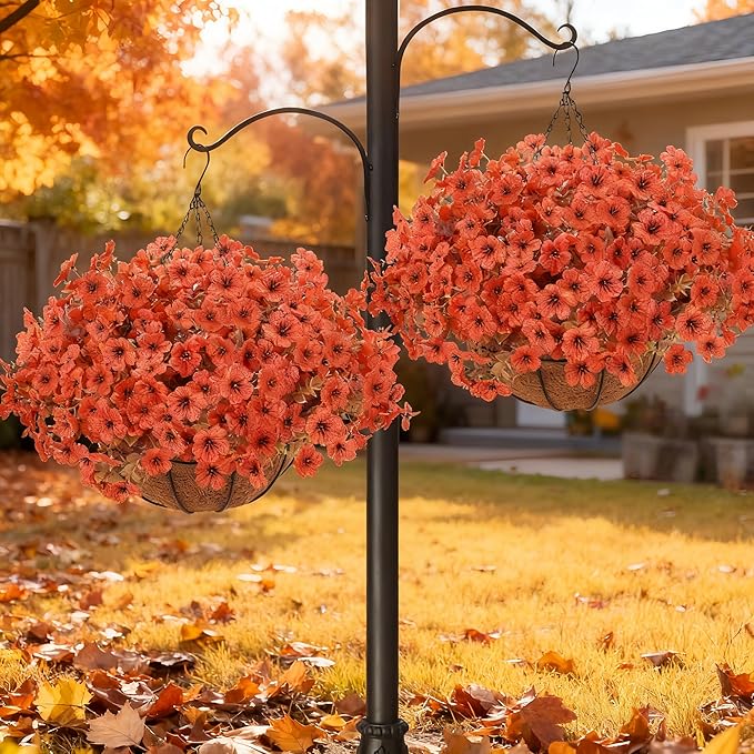 Geegoods Artificial Hanging Baskets for Outdoors Decoration, 24 Pcs Artficial Outdoor Flowers with Hanging Baskets UV Resistant Look Real Orange Mums for Autumn Porch Patio Balcony Yard Home Decor