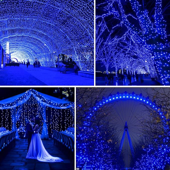 JXLEDAYY 403 FT 1000 LED Christmas Lights Outdoor Fairy Lights Plug in Extra Long String Lights Clear Wire Waterproof 8 Modes Timer for Outside House Tree Garden Yard Wedding Party Decorations-Blue