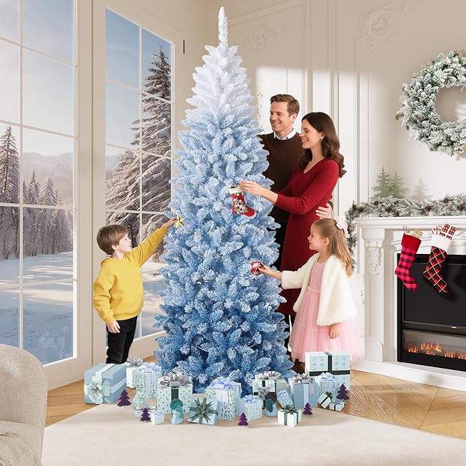 GAOMON 7.5Ft Pencil Christmas Tree Artificial Slim Xmas Trees Skinny Christmas Tree Decorations Fake Flockeds, White & Blue Gradient