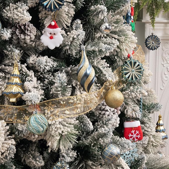 108 Pcs Christmas Ball Ornaments Set, Blue and Gold Shatterproof Hand-Painted Hanging Bulbs Decoration for Xmas Tree, Wreath, Garland, Home Holiday Decor