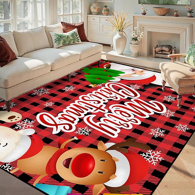 5' X 7' Christmas Area Rugs,Xmas Tree Snowflake Non-Slip Washable Rug Indoor Rugs Floor Mats Carpet for Living Room Bedroom Dining Room Home Decor