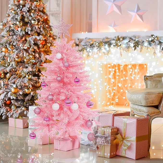 Sunshine Pink Christmas Tree with Light 3ft Artifical Full Christmas Tree with Ball & Star Ornaments 8 Lighting Modes for Holiday Decor
