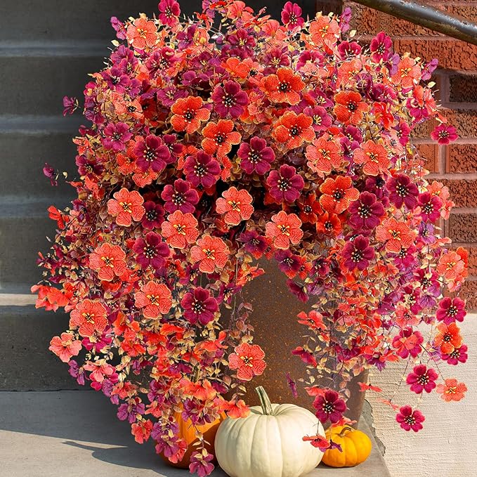 Outdoor Artificial Fall Flowers 6PCS, All Weather Fade Proof, UV Resistant Waterproof Realistic Faux Silk Mums Daisies Orange & Brown for Hanging Planters Porch Patio Balcony Deck Fence Garden Decor