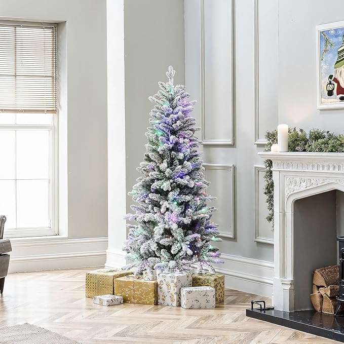 LuxenHome 5FT Small Potted Christmas Tree, 10 Flash Modes Flocked Christmas Tree with Pot, Artificial Xmas Trees with 150 Multi-Color LED Lights, Lighted Pine Trees for Indoor, Outdoor Holiday Display