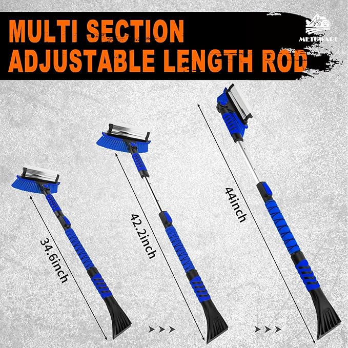 METOWARE 44'' Snow Brush and Ice Scrapers for Car Windshield, Extendable Snow Brush for Car with Ergonomic Foam Grip and 360° Pivoting Brush Head for Car SUV Truck Blue