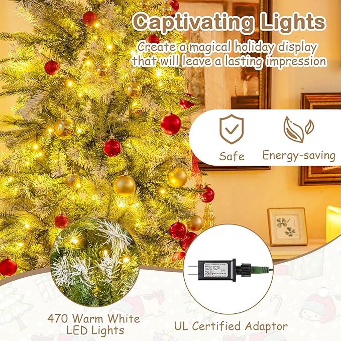 GOFLAME 9 FT Pre-Lit Pencil Christmas Tree Snow Flocked, Slim Artificial Xmas Tree with 1228 Branch Tips, 470 Warm White LED Lights, Holiday Decoration Tree for Home Party Office