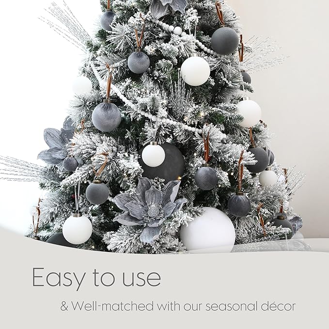 Sea Team 4-Pack Large Flocked Velvet Christmas Tree Ball Ornaments Set, Hanging Velour Baubles, Shatterproof Plastic Decorations for Xmas Tree, Wreath, Garland, 150mm/5.91 Inches, White