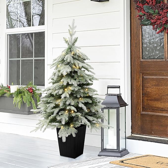 LuxenHome 4.5FT Potted Christmas Tree, Downswept Branches Prelit Small Christmas Tree with 100 LED Lights, Natural Slim Fir Trees Pre-lit with Black Square Pot for Porch, Entryway Holiday Display