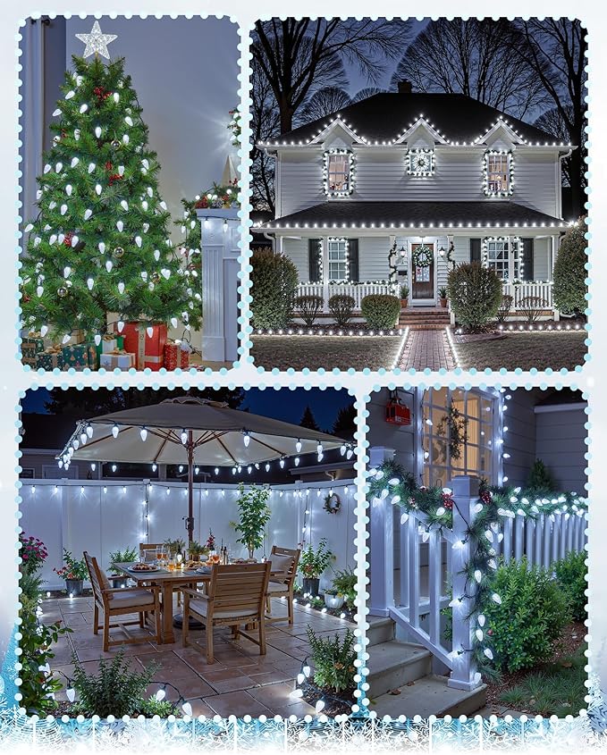C9 Christmas Lights Outdoor with 100 Spring Clips 81FT 100 LED, C9 String Lights Waterproof Connectable Commercial Grade for Outside House Roof Patio Garden Yard Outdoor Christmas Decorations, White