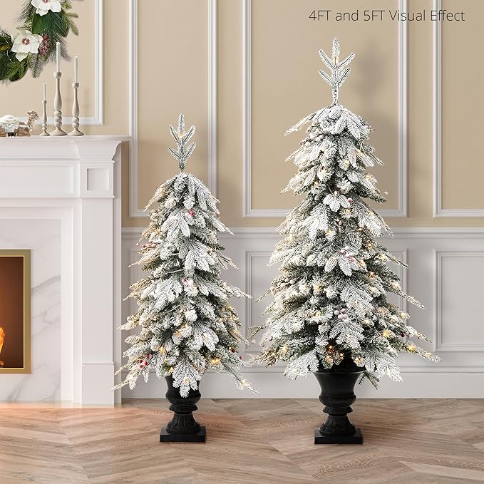 Glitzhome Christmas Porch Tree Set of 2, 5ft Prelit Artificial Christmas Tree with 150 Warm White Lights and 480 PE&PVC Branch Tips, Flocked Potted Christmas Tree for Xmas Indoor Outdoor Decor