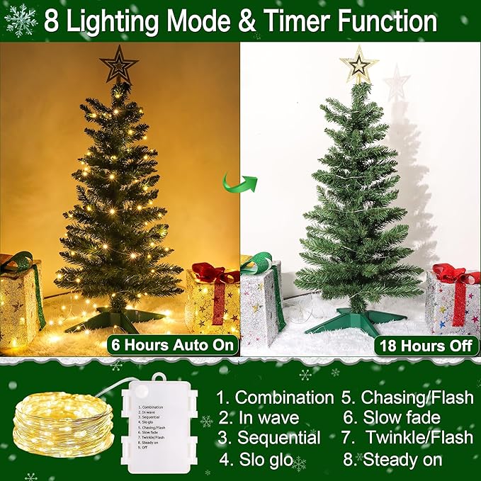 3 Ft Green Christmas Tree with Lights, Timer 8 Modes 50 Warm White Lights Battery Operated Small Artifical Full Christmas Tree for Tabletop Home Office Indoor Outdoor Xmas Holiday Party Decorations