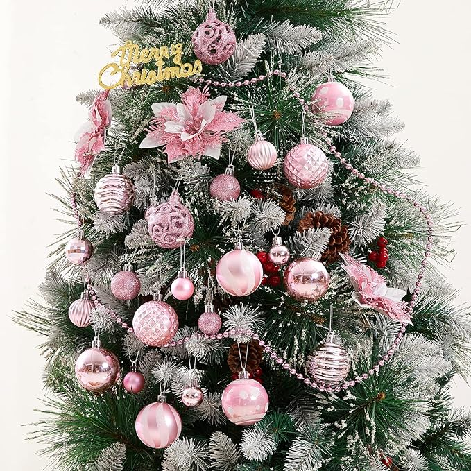 100PCS Christmas Ball Ornaments, Assorted Shatterproof Christmas Tree Decorations, Seasonal Decorative Hanging Baubles Decor Set for Xmas/Holiday/Party, Glitter&Painting Ornament Set (Pink)
