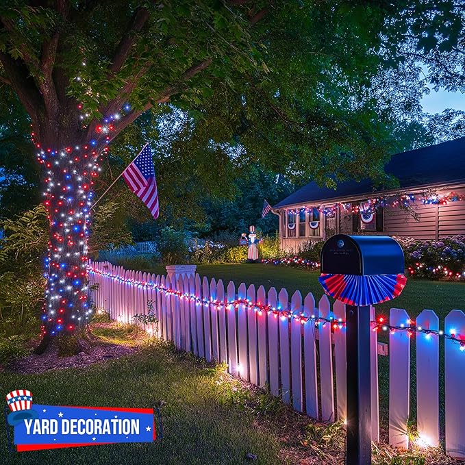 JMEXSUSS 500 LED Red White and Blue Lights 4th of July Decorations, 173ft 8 Modes 4th of July Lights Outdoor, Waterproof Patriotic String Light Plug in for Memorial Day Independence Day Decor