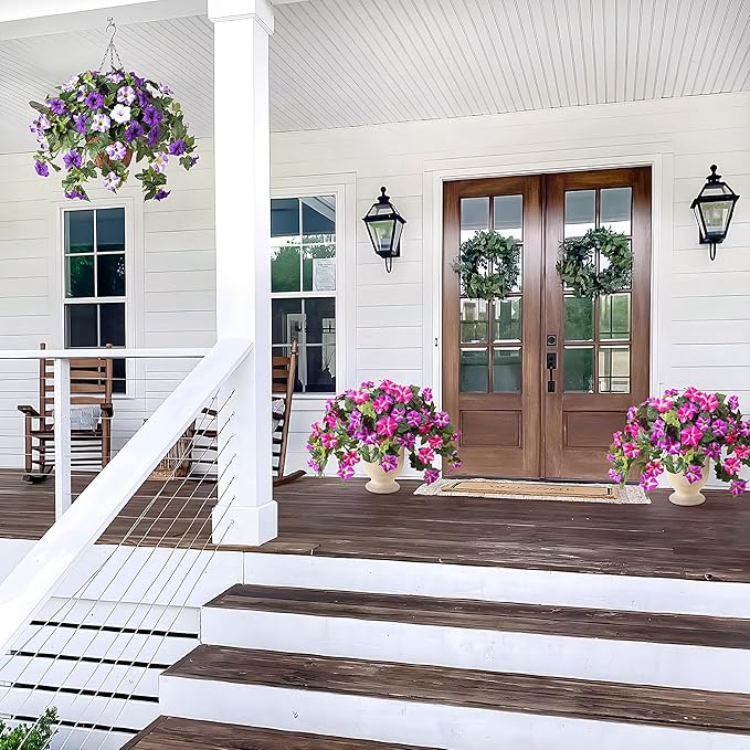 Artificial Hanging Fake Flowers with Basket Plants for Outdoor Decoration, Faux Silk Flower UV Resistant Morning Glory for Home Porch Patio Garden Balcony Yard Look Real (Red Lotus)