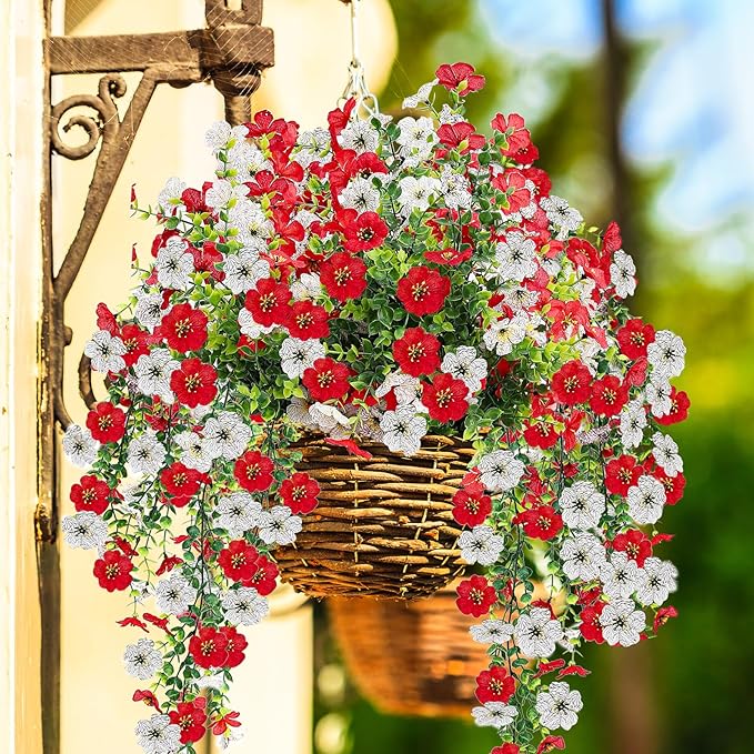 Artificial Flowers for Outdoors 6PCS，All Weather Fade Proof, UV Resistant Waterproof Realistic Faux Silk Mums Daisies Red & White for Hanging Planters Porch Patio Balcony Deck Fence Garden Decor