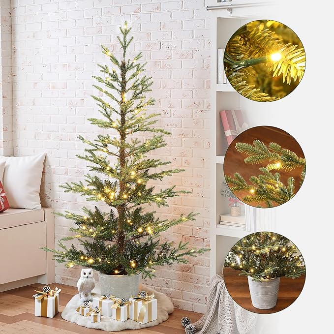LuxenHome 5FT Potted Christmas Tree with Lights, Slim Small Christmas Trees with 200 Warm White LED Lights, Realistic Fir Artificial Xmas Tree with White Pot for Holiday Display