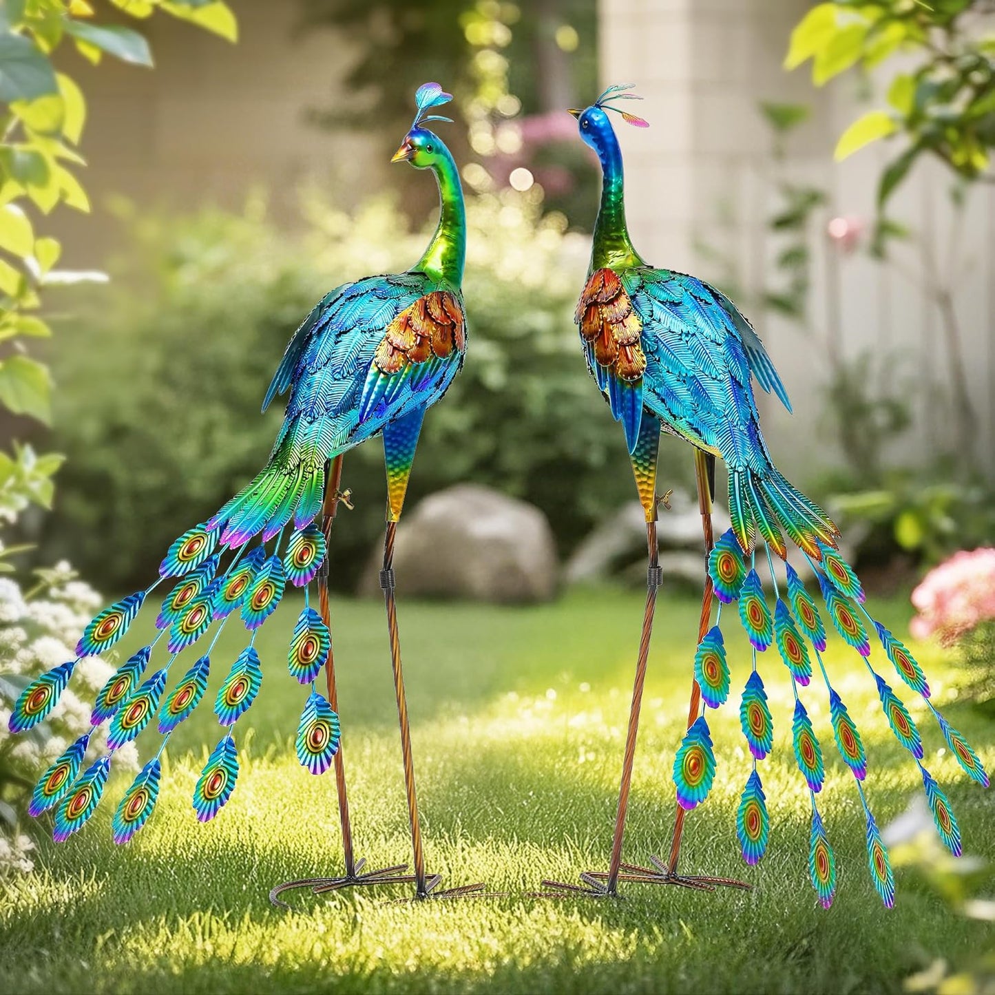 32" Metal Peacock Yard Decor - Handmade Oversize Peacock Sculptures with Stable Ground Stakes, Backyard Decoration, Metal Garden Art.