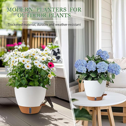 Self Watering Pots for Inoor Ourdoor Plants 10/9/8/7/6.5 Inch Plastic Planters with Drainage Holes & Water Level Indicator, Decorative House Flower Nursery Planting Pots with Saucers ((White)