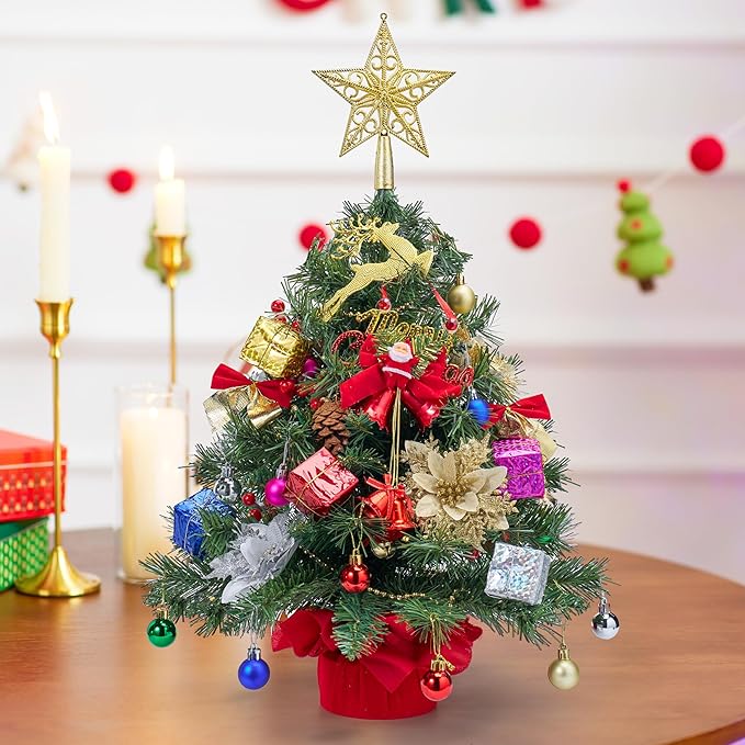 JOIEDOMI 24"/2FT Pre-lit Tree with Decoration Kit Artificial Christmas Tabletop Tree with 70 Branch Tips 30 LED Lights, Includes Star Topper Ornaments, Battery Operated Mini Tree for Indoor Xmas Decor