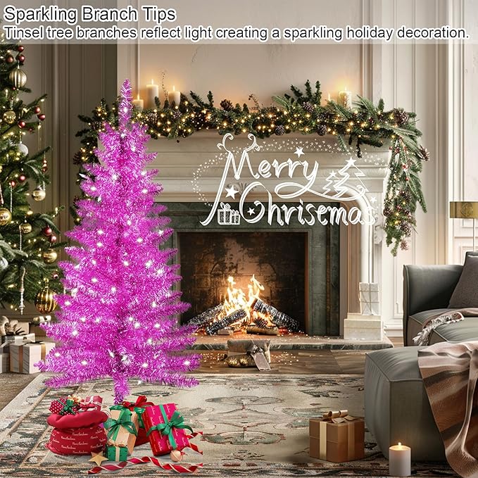4ft Artificial Full Pink Christmas Tree with Separate Lights, Not Pre-lit Mini Pink Tinsel Pine Christmas Tree, 50 Lights, Small Xmas Tree for Home, Office, Party Decoration, Indoor