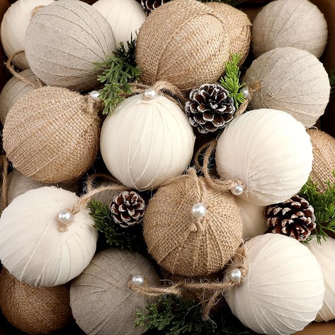 Syhood 12 Pcs Rustic Christmas Ball 3.15 Inch Neutral Farmhouse Christmas Tree Ornaments Shatterproof Hanging Cottage Burlap Fabric Textured Ball for Xmas Tree Party Garlands Wreath Home Decor