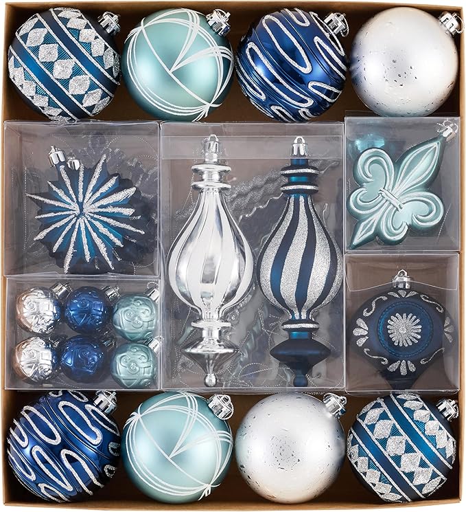 Valery Madelyn Fall Ornaments for Christmas Trees, 60ct Navy Blue and Silver Shatterproof Christmas Tree Decorations, Luxury Hanging Ball Ornaments Bulk for Thanksgiving Autumn Harvest Decor