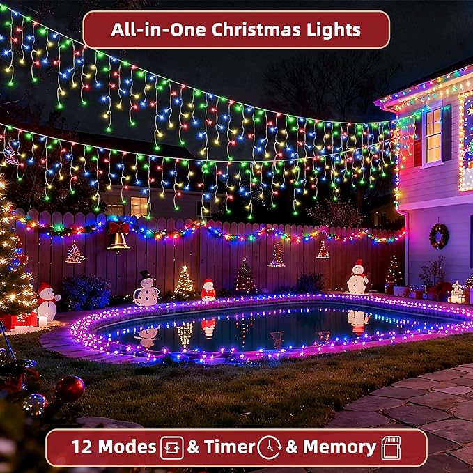 1332 LED 132ft Christmas Lights with 296 Drops, 12 Lighting Modes Multicolor Christmas Decoration Twinkling Lights Dimmable, Timer Outdoor Waterproof Fairy Lights for Indoor Garden House Eaves Roof