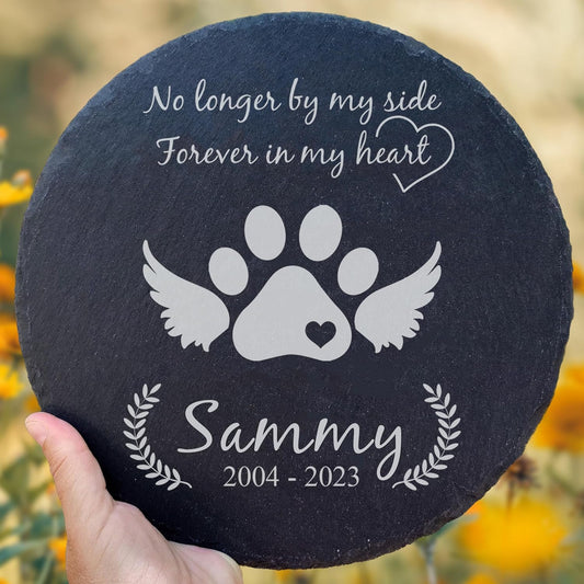 Personalized Pet Memorial Stone for Dogs and Cats | Custom Laser-Etched Weatherproof Garden Grave Marker | Natural Stone Bereavement Headstone Sympathy Gift | 4, 6, 10, or 12 Inch Heart or Circle Shape (A3)