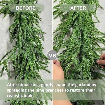 Christmas Garland 6FT Norfolk Pine, Real Touch Artificial Pine Garland for Christmas Decorations, Faux Greenery for Indoor and Outdoor Christmas Decorations