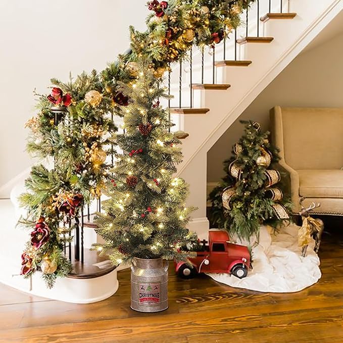 LuxenHome 4FT Small Christmas Tree, Prelit Slim Potted Artificial Christmas Trees with 100 Warm White LED Lights, Realistic Faux Pine Tree with Rustic Metal Pot for Indoor, Outdoor Holiday Decor