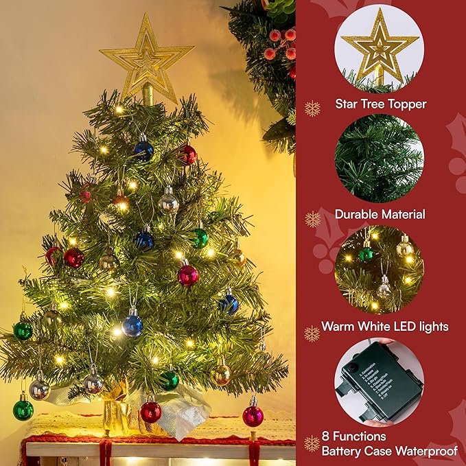 JOIEDOMI 24"/2FT Small Tabletop Christmas Tree with Lights with Star Treetop and Hanging Ornaments, Pre-lit Artificial Christmas Green LED Mini Tabletop Tree for Xmas Decorations Indoor Outdoor