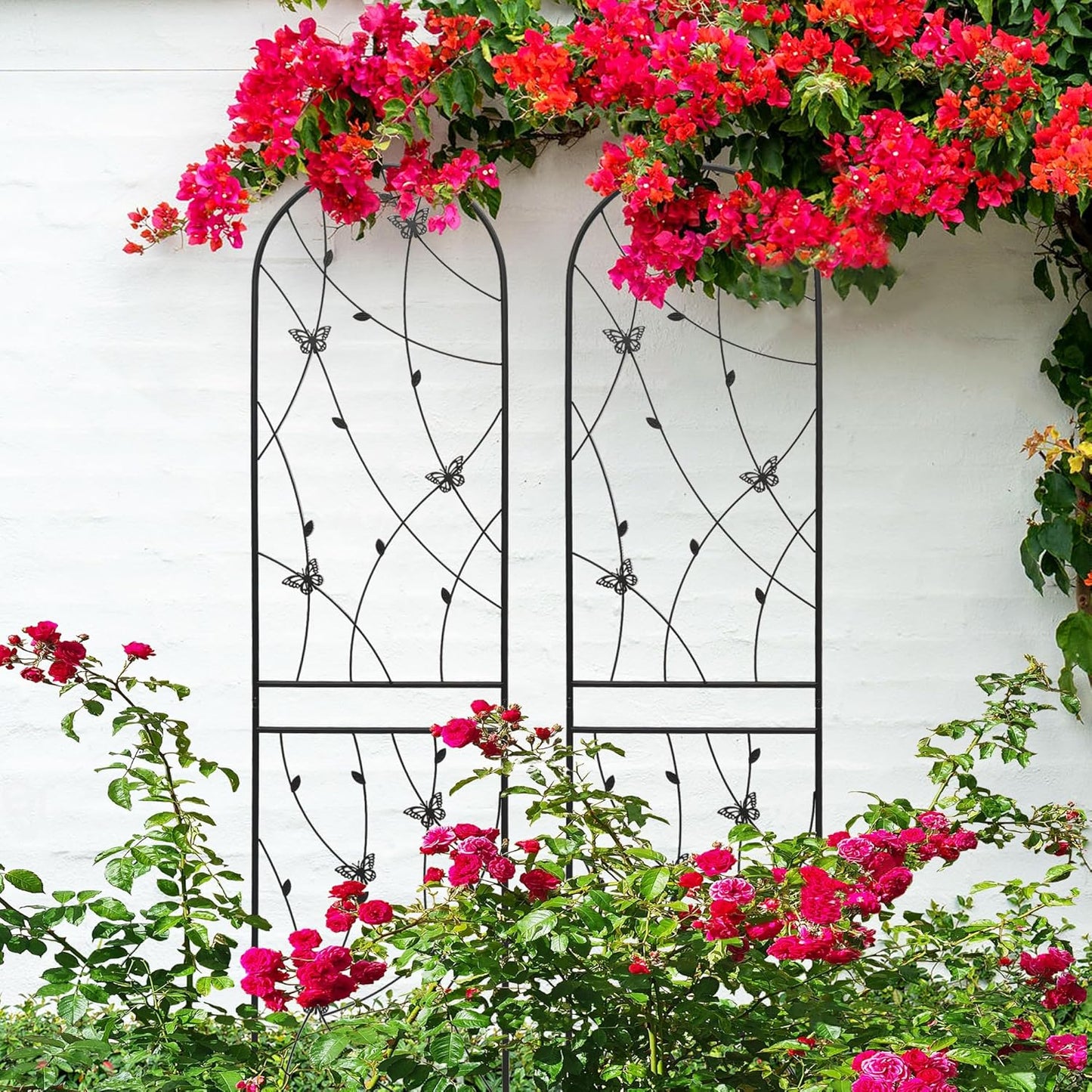 8 Pack Metal Garden Trellis for Climbing Plants, 86.7" Tall Rustproof Outdoor Trellis Panel with Butterfly Design, Decorative Black Iron Plant Support for Vine, Rose, Flower, Garden Wall