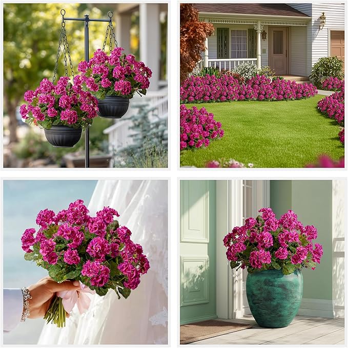 Artificial Geranium Flowers for Outdoors Geraniums Artificial Flowers Realistic Faux Geraniums for Outdoor Planters Silk Geranium Outdoor Fake Flowers Porch Home Kitchen Garden Decor(4PCS，Purple Red)