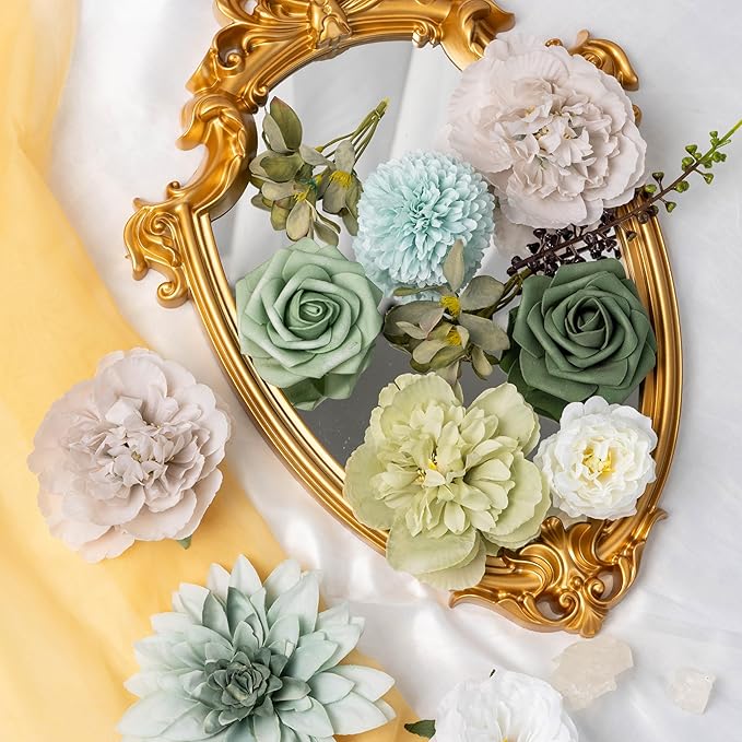 30 Pcs Artificial Flowers Combo Green Flowers Mix Silk Flowers Dahlia Roses with Stems for DIY Wedding Bridal Bouquets, Baby Shower, Floral Arrangement, Table Centerpieces, Home Decorations.