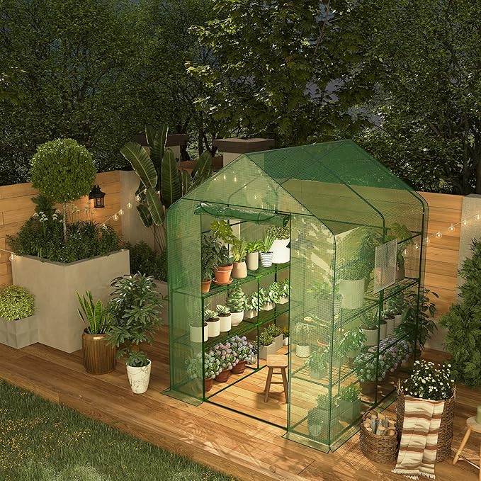Greenhouses for Outdoors with 12 Wire Shelves, 4.7 x 4.7 x 6.4 ft Portable Greenhouse with Thicken PE Cover, Roll-up Zipper Door, Walk-in Green Houses for Seedling Flowers Growing