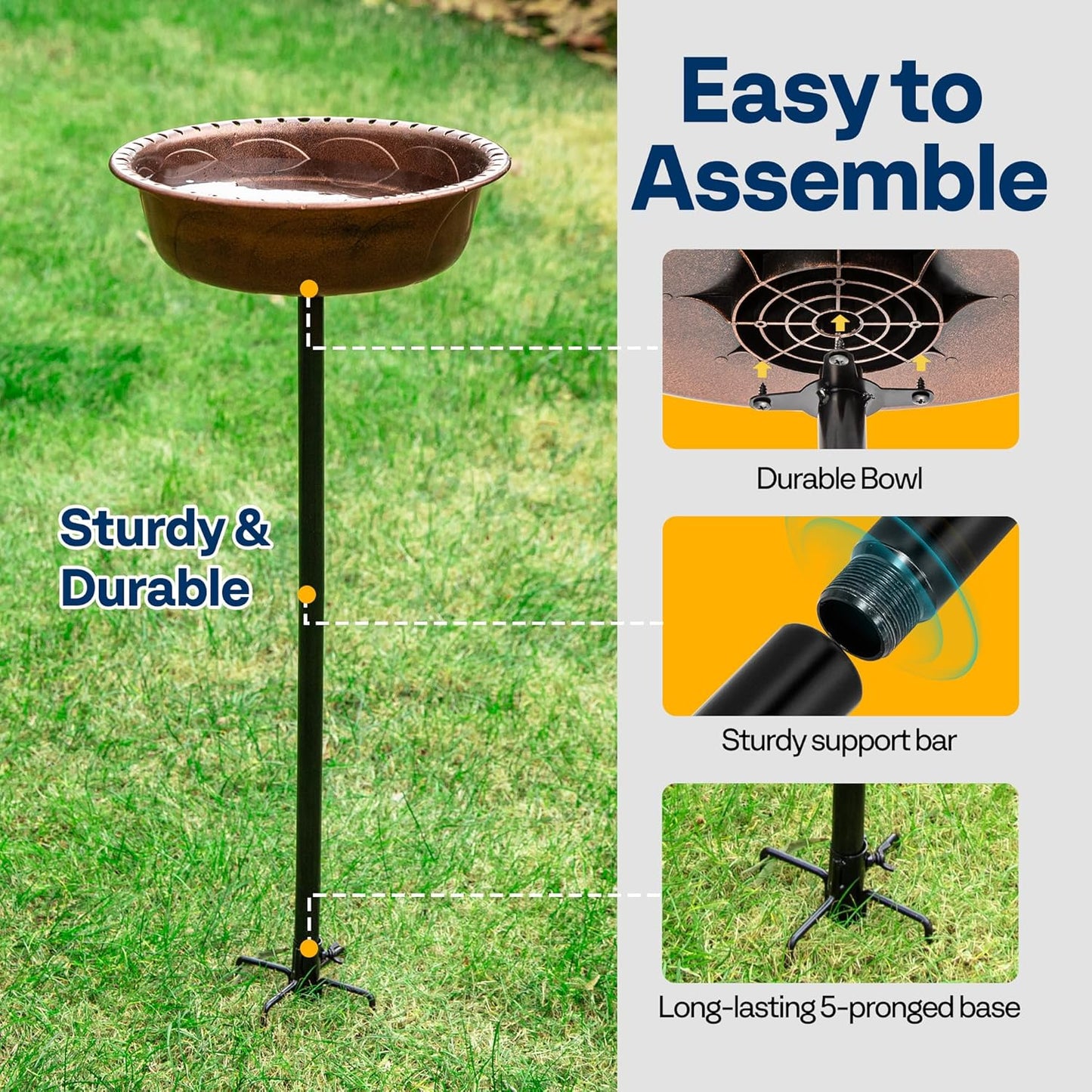 VIVOHOME Polyresin Bird Bath Bowl with Metal Stake, 29 Inch Height Outdoor Freestanding Birdfeeder, Capacity 1.4 Gallons, 5-Pronged Base, Bronze