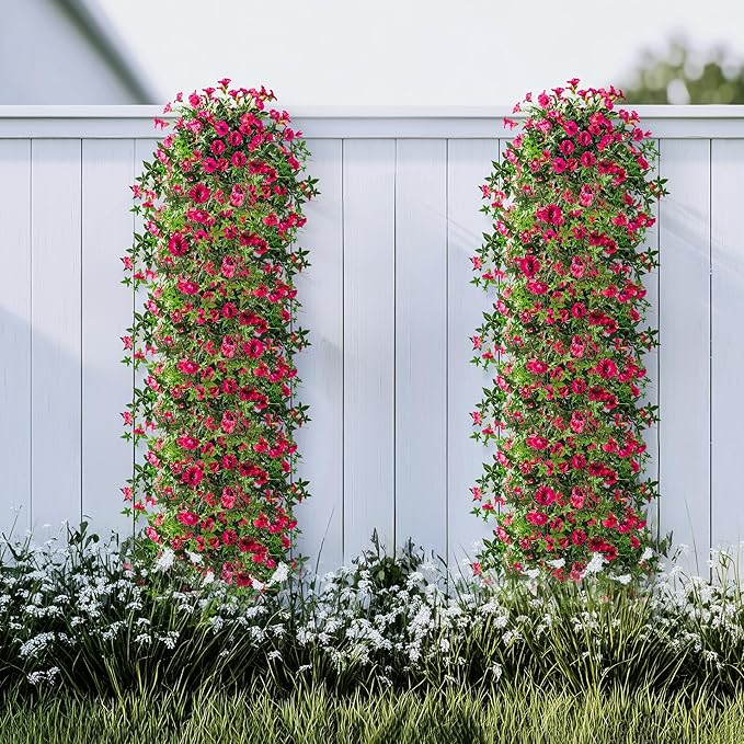 Artificial Flowers Artificial Petunias for Outdoors Artificial Hanging Plants Outdoor Silk Flowers with Stems Outdoor Flowers Uv Resistant for Porch Decor Terrace Decor，Rose Red with Pot 2PCS