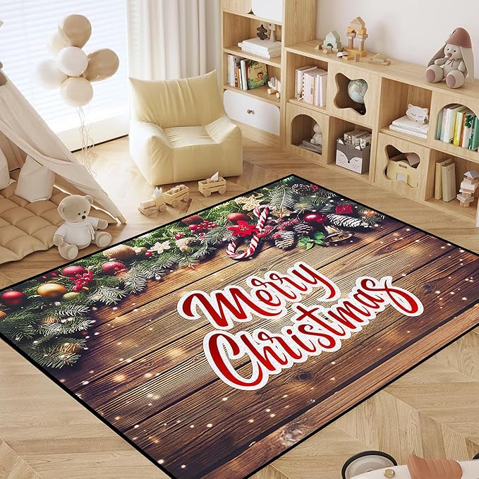 Christmas Wood Grain Xmas Decorative Area Rug, Non-Slip Indoor Throw Washable Rug, 71" X 47"