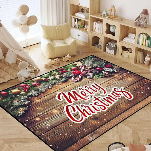 Christmas Wood Grain Xmas Decorative Area Rug, Non-Slip Indoor Throw Washable Rug, 71" X 47"